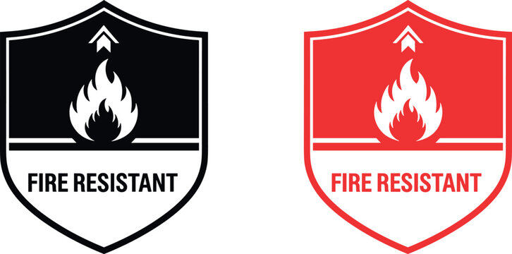 Fire Resistant Shield Badge Icons with Flame Symbol and Protection Label in Black and Red Vector Design Set