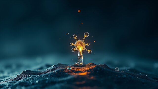 A single, complex, glowing molecule emerges from a dark, primordial aqueous solution, symbolizing the spark of life. STEM education sheets.