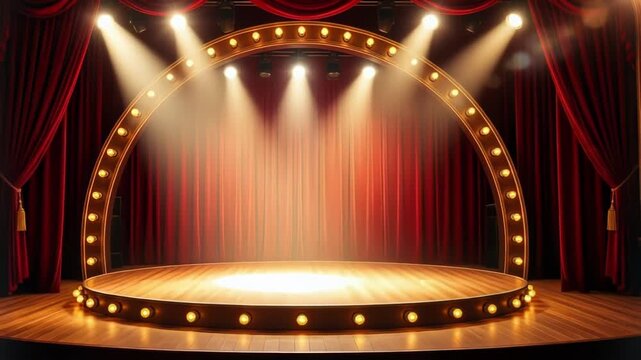 Theater stage with red curtains and bright lights on a wooden floor high quality 4k video