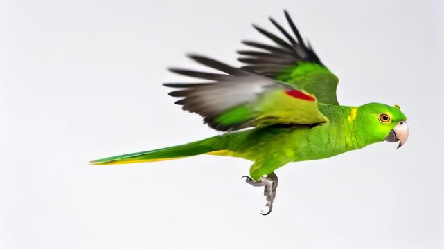 Bright green parrot mid-flight with wings outstretched against a white background