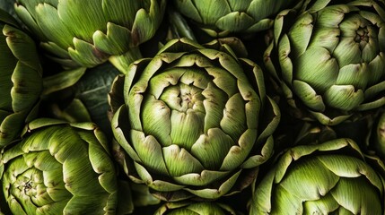 Obraz premium Close up of artichokes arranged in a circular pattern taken from above in a kitchen or garden setting