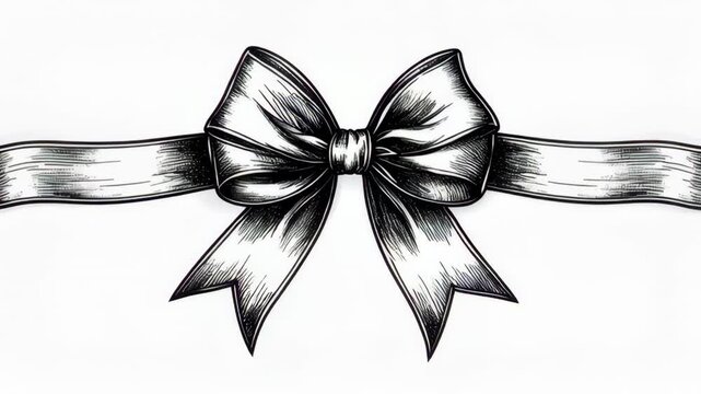 Elegant black and white ink drawing of a ribbon bow with flowing ribbon tails
