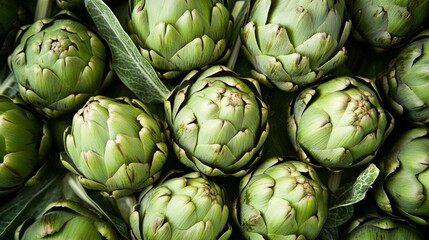 Obraz premium Close up view of fresh artichokes on a green surface ready for cooking and eating