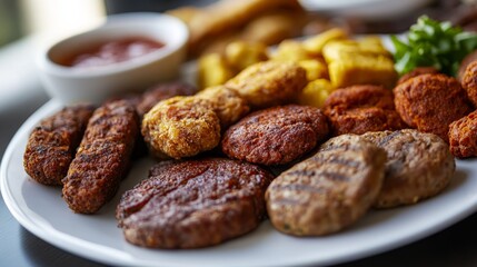Assorted vegan food including plant-based meats and gourmet presentation on a white plate for healthy eating