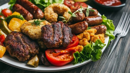 Fototapeta premium Vegan food platter with assorted plant-based meats served on a white plate for healthy eating at a gourmet gathering