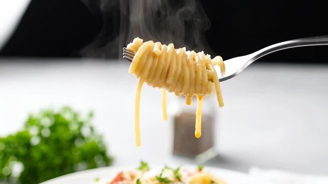 Close-up of spaghetti carbonara with pancetta on a fork with parsley garnish