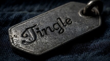Close-up of a metallic tag with the word "Jingle" etched onto its surface, worn on denim fabric