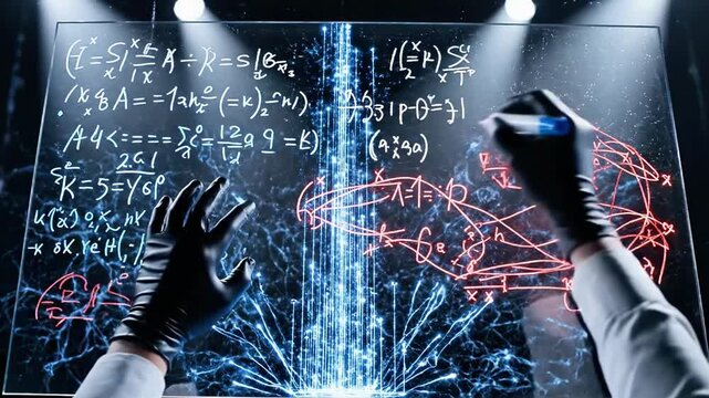 Hands holding a marker and pointing at complex mathematical equations on a blackboard