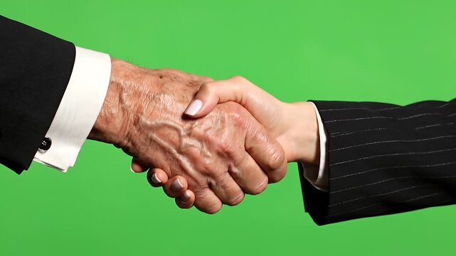 Close Up of Young and Old Hands Shaking Firmly on Green Screen
