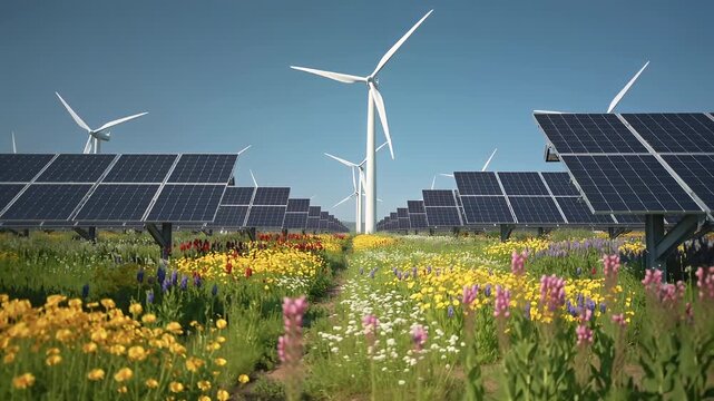 Green Energy Solar Panel With Wind Turbin Farm In Flower Field