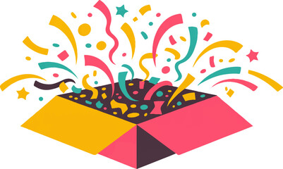 Vibrant colorful box with confetti and stars exploding out celebration and excitement concept