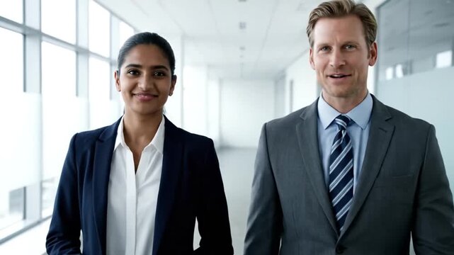 Leading Professionals Walking Through Bright Corridor in Business Attire