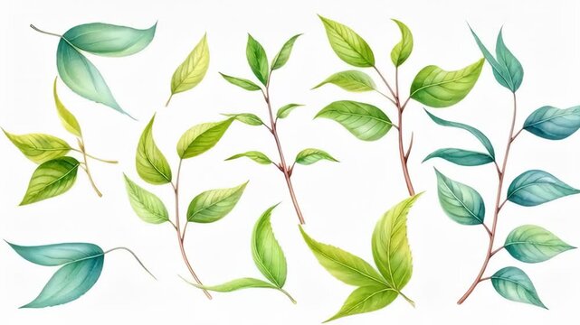 Botanical watercolor illustration of various green leaves and branches on white background