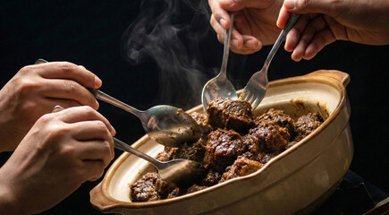 Traditional Indonesian beef semur served hot in a ceramic pot, shared by several people during a family gathering. Steaming slow-cooked beef stew with rich sweet soy sauce, commonly enjoyed during Ram