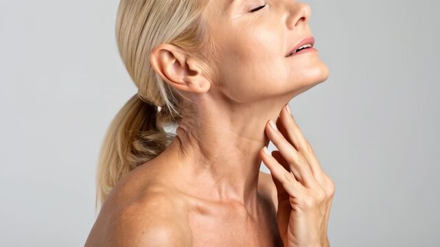 Mature woman touching her neck and smiling with closed eyes, highlighting skin texture and aging gracefully