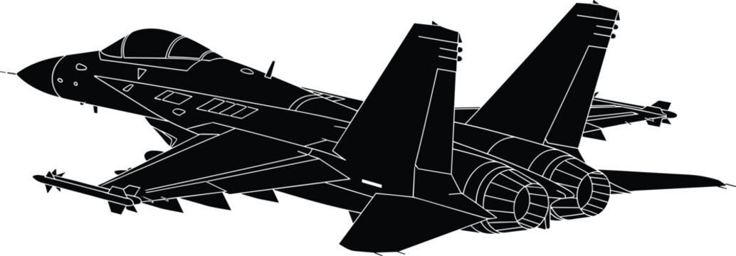 Black and white silhouette of advanced modern fighter jet with twin stabilizers, dual engines, aerodynamic design, canards, and detailed technical aerospace illustration