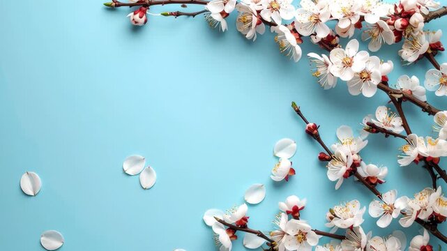 Delicate white cherry blossoms and falling petals on a light blue background