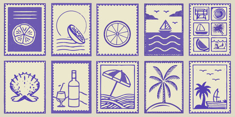 Vintage style postage stamps depicting summer and tropical imagery © Ajay