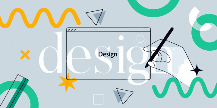 A digital design concept with a laptop hand and abstract shapes