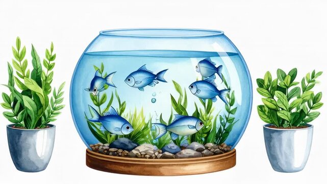 Watercolor illustration of a fishbowl with blue fish and aquatic plants flanked by potted green plants.