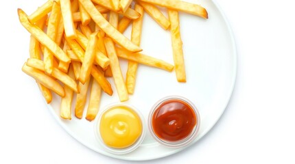 Golden french fries with ketchup and mustard on a white plate