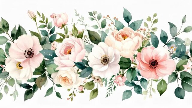 Watercolor floral border with pink and white roses and anemones, lush green foliage