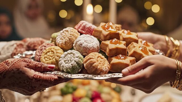 Delicious cookies and treats on a silver platter, festive celebration.