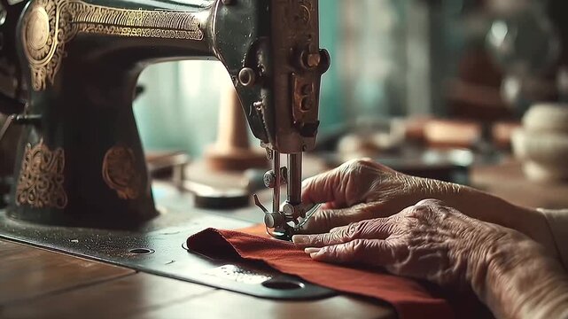 A close up of a woman s hands skillfully operating an antique treadle sewing machine in a seamstress workshop i