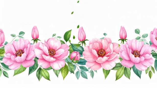 Watercolor pink peonies and green leaves floral border on white background