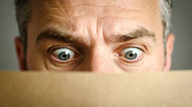 Close up of worried man's blue eyes peeking over a cardboard barrier with furrowed brow