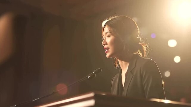 A confident Asian woman in professional attire delivers a keynote presentation on a modern conference stage wit b8e47a14 2