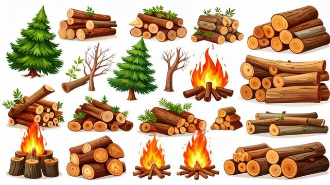 Collection of cut logs, pine trees, bare branches, and campfires