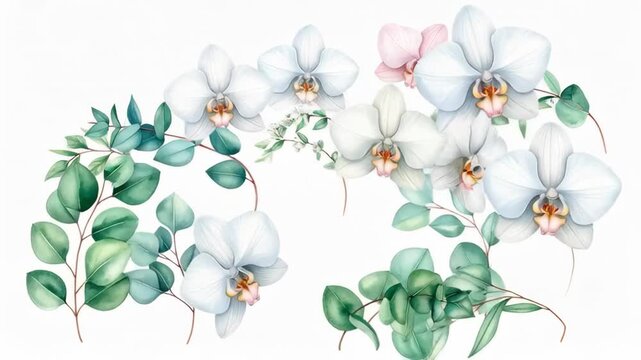 Delicate watercolor arrangement of white orchids and eucalyptus branches on a white background
