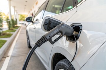 Fototapeta premium A white car is being charged at a charging station