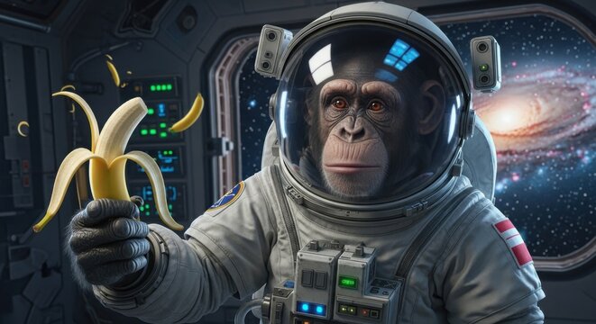 Chimpanzee astronaut in a spaceship holding a peeled yellow banana, with a galaxy visible through the window