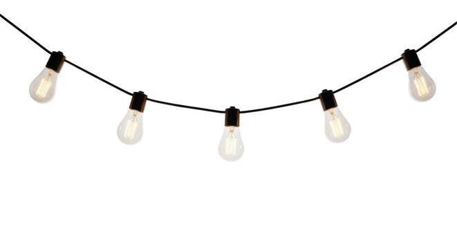 photorealistic garland of retro edison bulbs with glowing amber filaments hanging gracefully in a swag against a crisp white studio background with copy space. Concept for festive decoration
