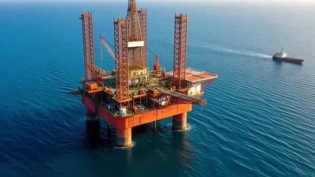 Offshore oil rig platform with a tugboat in the ocean high quality 4k video