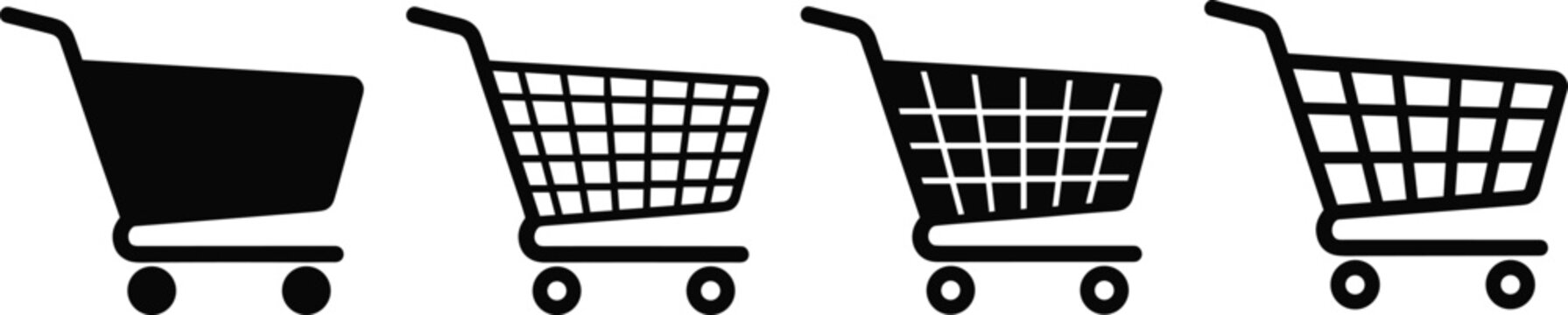 Collection of black shopping cart vector icons featuring solid and grid basket styles for supermarket retail and online store interface design isolated on white