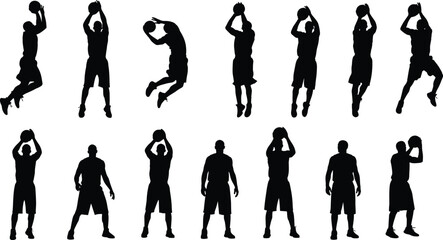 Collection of dynamic black silhouettes showing male basketball players in action shooting, jumping, and standing poses isolated on white for athletic sports graphic design © Shathi