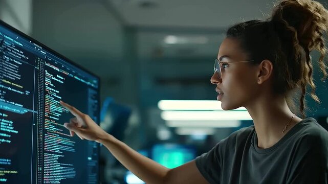 A female engineer sits in a modern tech office explaining code on her monitor in an over the shoulder shot surr c3724670 2