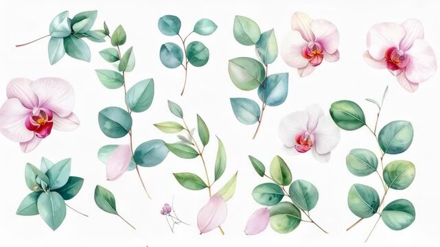 Delicate watercolor orchid flowers and eucalyptus leaves arranged on a white background
