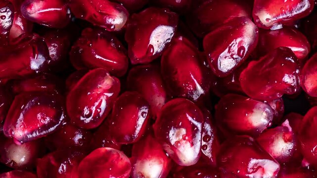 Ultra-close macro view of fresh pomegranate arils glistening with water droplets, highlighting vibrant red texture and natural freshness. Perfect for healthy food, nutrition, antioxidant, vegan