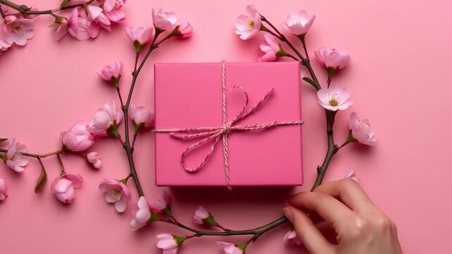 Pink gift box tied with twine next to blooming cherry blossom branches on a pink background