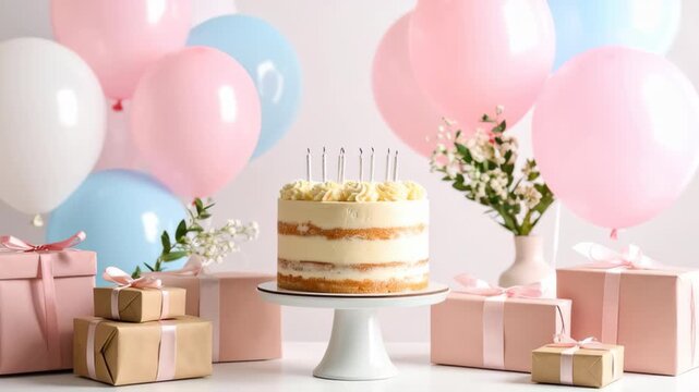 Celebratory scene with a tiered cake, lit candles, gifts, and balloons