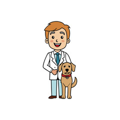 Fototapeta premium Veterinarian in white coat with golden retriever dog for pet care services