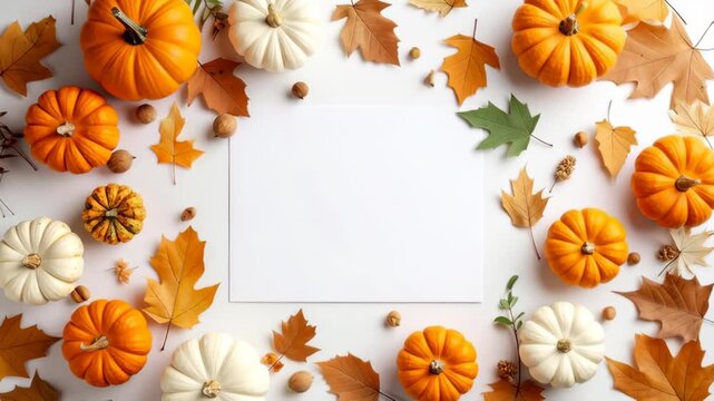 Autumn harvest arrangement with pumpkins, leaves and blank space for text