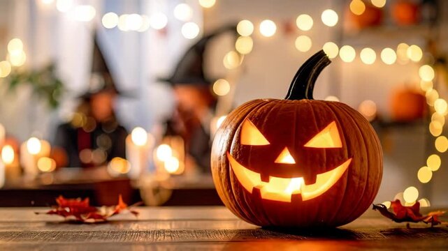 Illuminated Jack o lantern with spooky carved face sits on wooden surface surrounded by fairy lights and autumn leaves