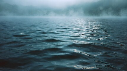 Fototapeta premium Misty lake water with gentle ripples and a distant forested shoreline under a foggy sky