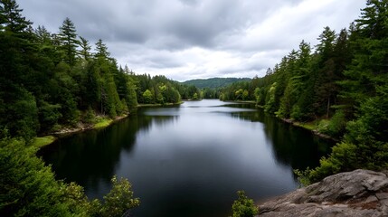 Fototapeta premium A tranquil lake is embraced by lush green forests under a dramatic overcast sky
