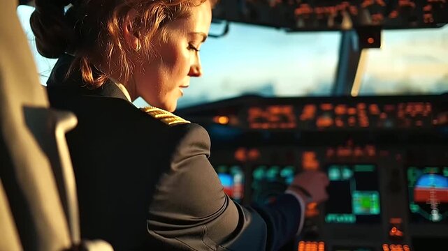 A female pilot in uniform meticulously checks instruments in a modern cockpit showcasing the sleek airplane int ed90ff8f 2